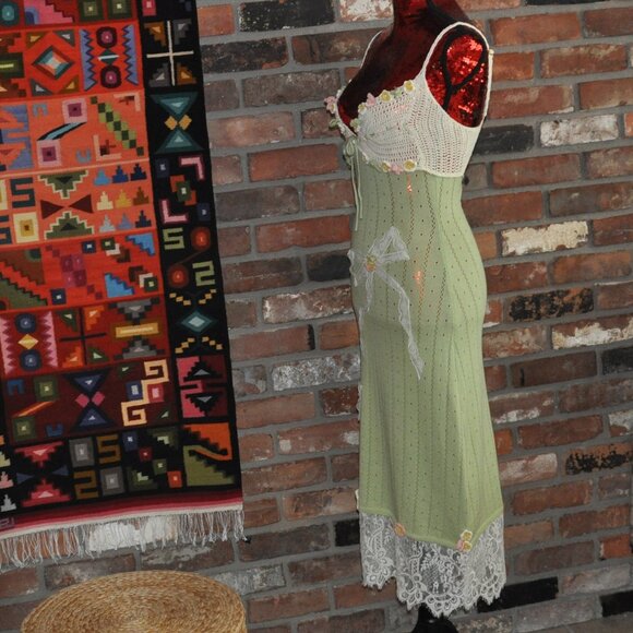 Romantic Lacemade Honeygreen Manor Knit Dress Crocheted Flowers S - Picture 6 of 14
